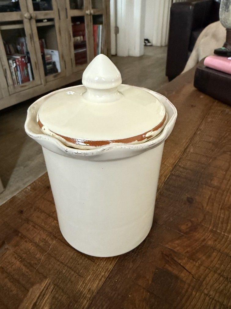 Pier 1 Italy Distressed Cream Stoneware Lidded Canister Storage