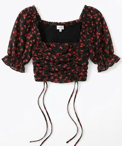 ACOA Floral Smocked Puff Sleeve Crop Top Black Red Size S