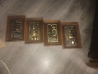 Vintage Wood Framed Brass Relief Plaque
