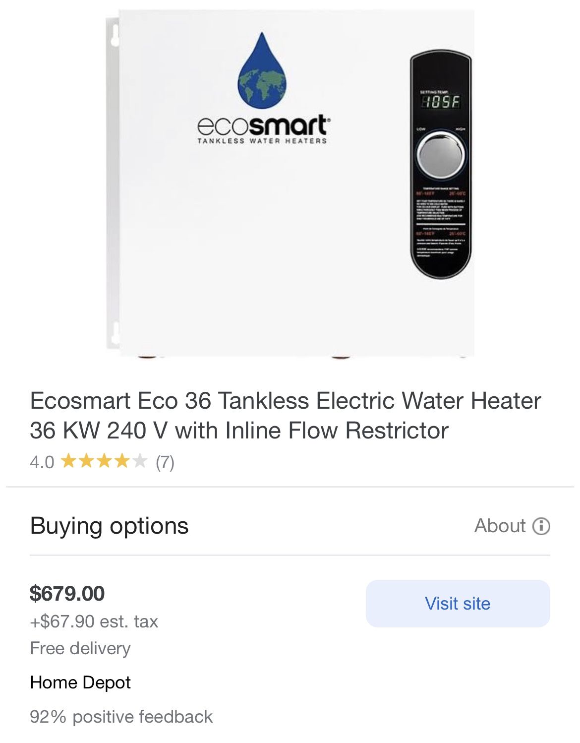 Eco 36 electric tankless water heater (new in box)