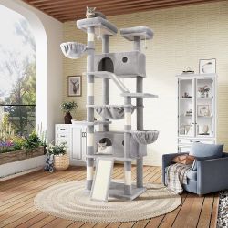 81in Multi-Level Tall Cat Tree Tower for Indoor Kitties/Larger Cat Condo Furniture with Hammock/Cozy Pussycat Perches/Sisal Scratching Posts/Pet House