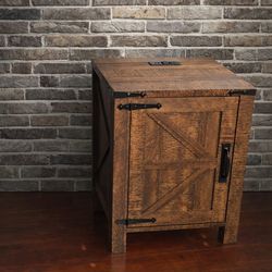 Farmhouse Wood Nightstand with Charging Station, End Table, Side Table