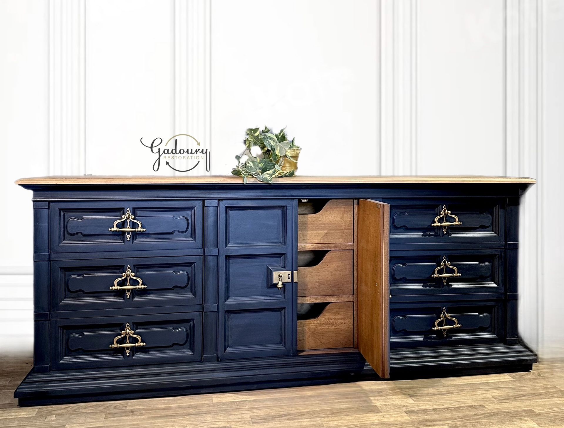 blue dresser with gold hardware Argento Six Drawer Dresser in Navy Blue and Burnished Brass