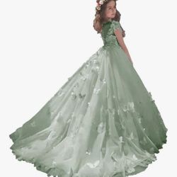  Flower Girl Dresses for Wedding Ball Gown Long Lace Appliques Tulle Party Pageant Dress Sage Green