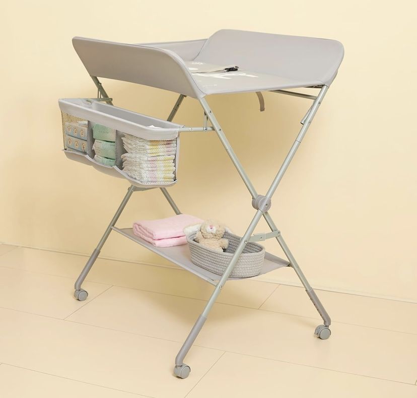 KARAOK  Changing Table with Wheels, Portable Diaper Changing Station with 4-Level Height Adjustment & Storage Rack for Newborn, Infant(Light Grey)