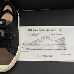 Cariuma OCA Low Black Premium Pebbled Leather Khaki Suede Sneakers Men 10 W 11.5