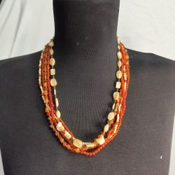 5 Strand Necklace - Glass Bead And Stone - Orange/Brown/White 21 in.