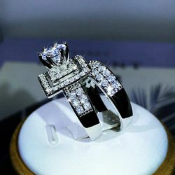 Gorgeous 2pcs Sterling Silver Cubic Zirconia Engagement Ring