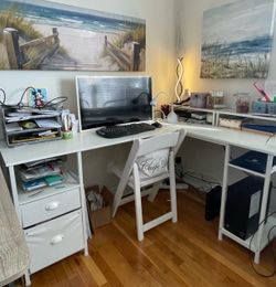 L-shaped White Metal Desk, $75