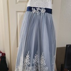 White & Blue Flower Girl Dress