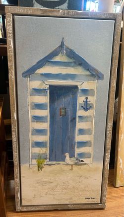 Kathryne White beach hut embellished canvas framed 16 x 32
