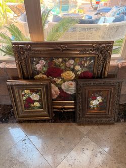 Beautiful Set of 3 Floral Paintings with Ornate Frames