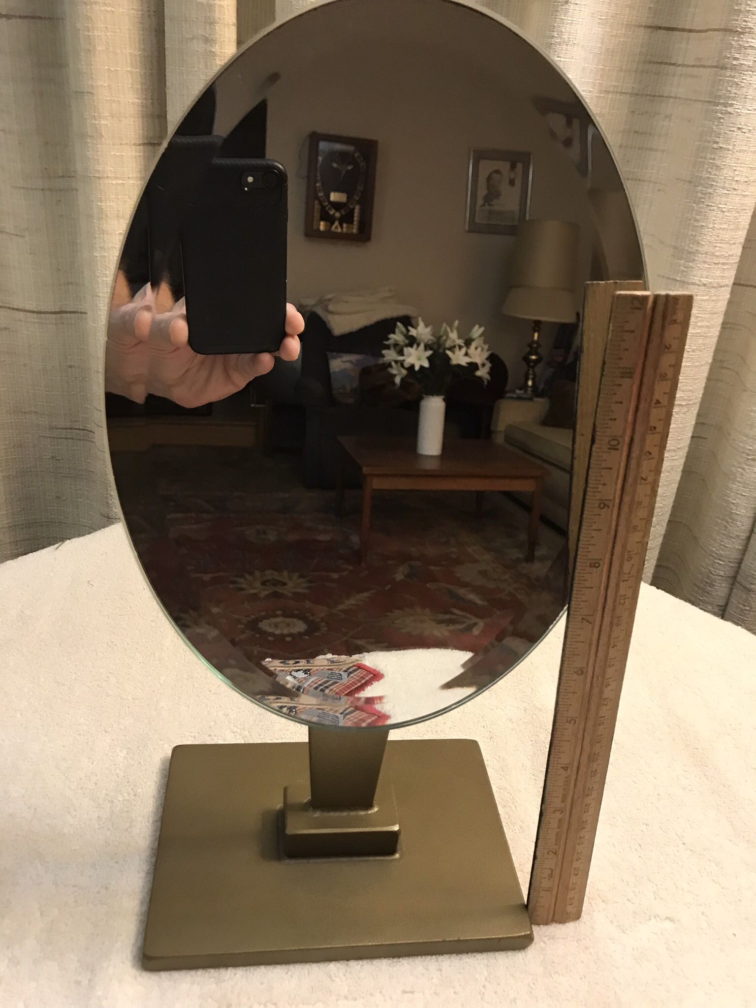 Vanity Mirror “Designs by Cara”. Very Sturdy Base & Frame with Beveled Glass in Excellent Condition!