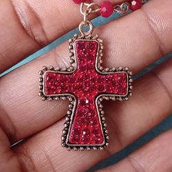Rhinestone Cross Pendant Glass Beaded Necklace 
