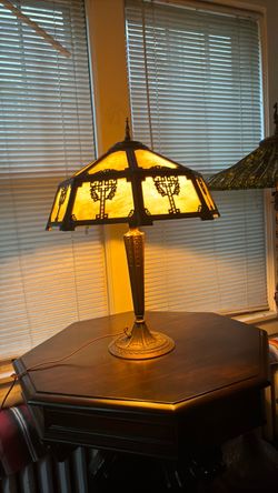 Antique Slag Glass Panel Table Lamp