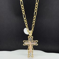 14k Solid Gold Figaro Chain And Crusifijo , Cross Pendant , Necklance Gold Pendant