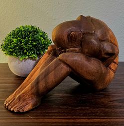 Indonesian Suar Wood "Weeping Buddha" , "Shy Man" Sculpture