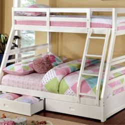 Brand New White Twin Over Full Bunk Bed w Trundle Drawers 