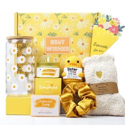 Sister Gift Set Daisy Cup Oatmeal Soap Socks Candle Metal Straw Hair Scrunchie and Crochet Duck