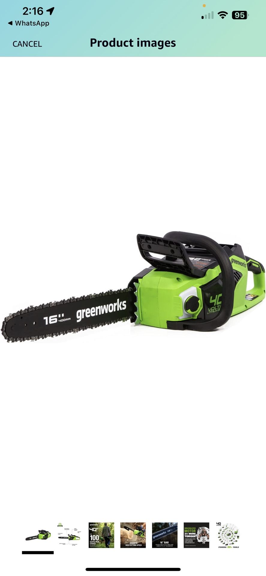 Greenworks 40V 16-inch Brushless Chainsaw, Tool Only, CS40L02