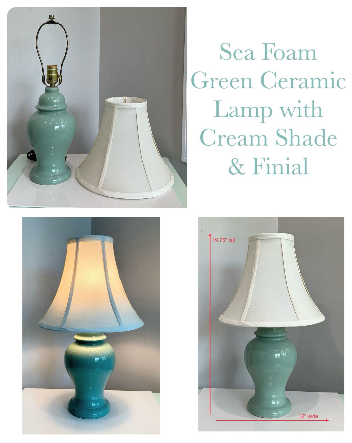 Sea Foam Green Ceramic Lamp with Cream Shade & Finial