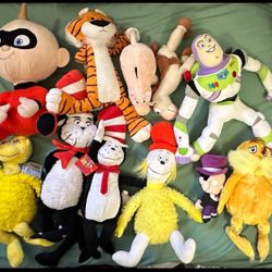 12 plush characters dolls, Disney, Dr. Seuss, cat in the hat, the incredibles