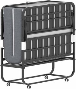 2062a  Folding Rollaway Bed with 5" Memory Foam Mattress, 3.15" Lift Adjustable Headboard, 75"x46" Twin Size, Heavy Duty Metal Frame on Wheels, Portab