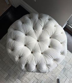 Chinese-Style White Upholstered Poufs – Set of 2