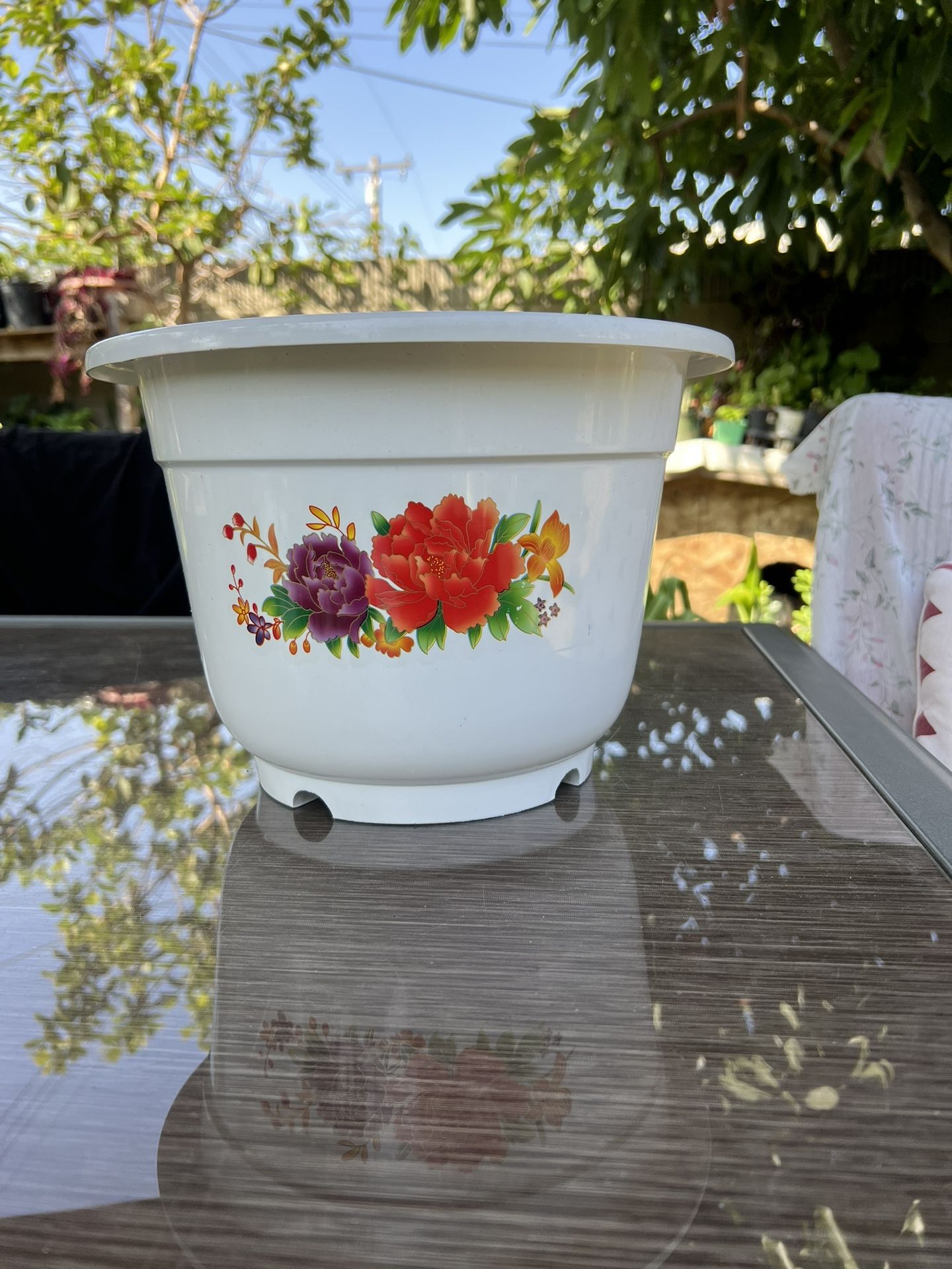 White With Flower Print  Plastic Plant Pot 12x8 Inches