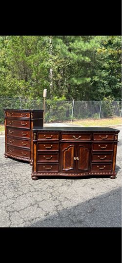 Bob’s furniture . Solid wood set : long dresser with big drawers, tall chest. Drawer sliding smoothly. Delivery available