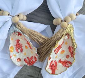 Handmade oyster shell ornaments – lobsters and lemons/host, hostess gift/dinner party decor