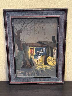 Midcentury Japanese Woodblock Print by Tomikichiro Tokuriki "Night Scene Yatai"
