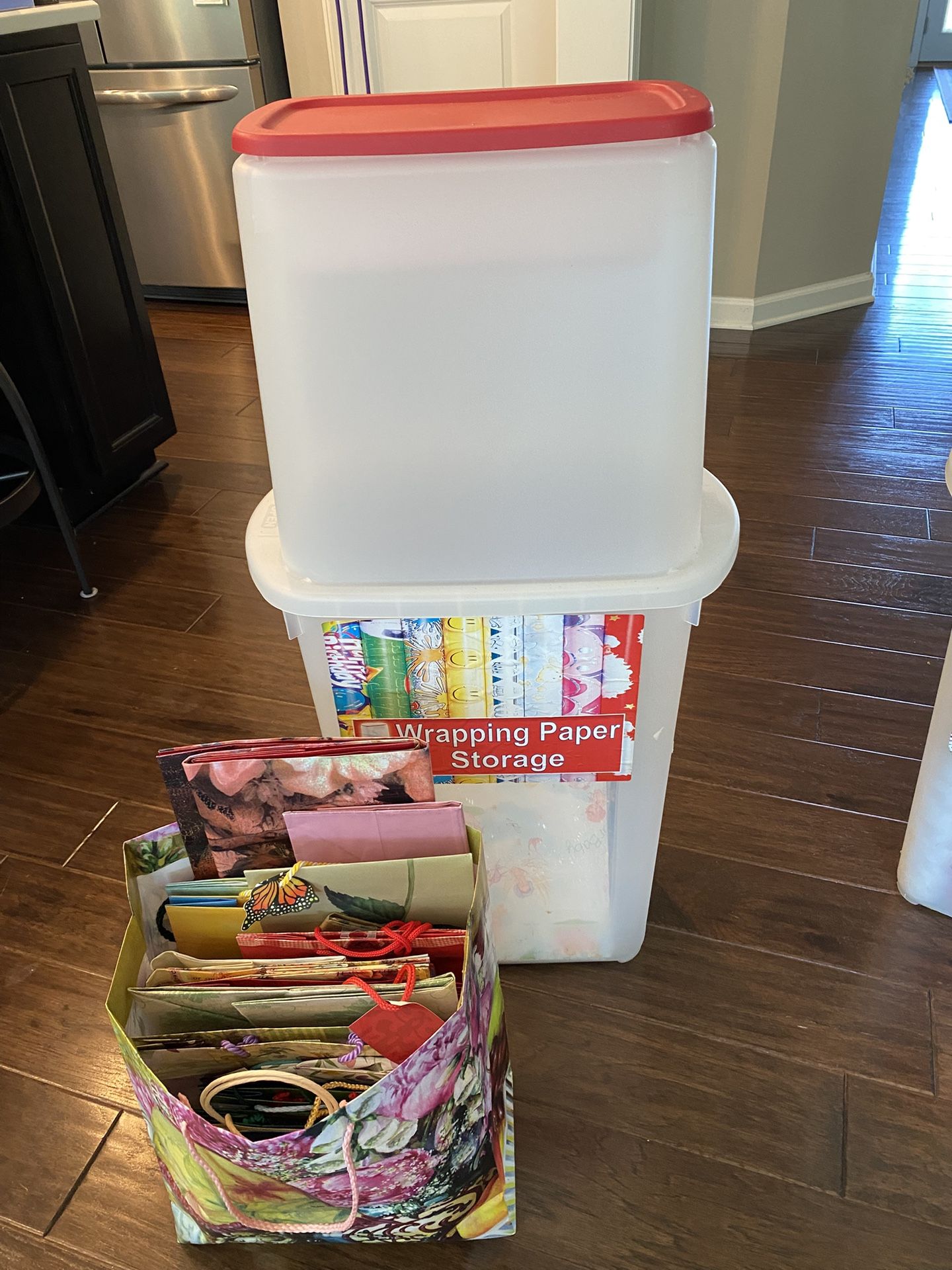 Wrap & Store 30” Bin (35 gift bags, 47 packages of gift wrap) + few partial sheets