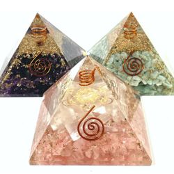 Orgone Pyramid - Set of 3 - Roze Quartz Love Crystal Pyramid - Calming Amethyst Pyramid Crystal - Amazonite Orgonite Pyramid - Meditation Pyramid - Ch