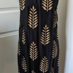 Lapogee Gold Leaf Dress L Sundress Tropical Black Lined Sparkle

