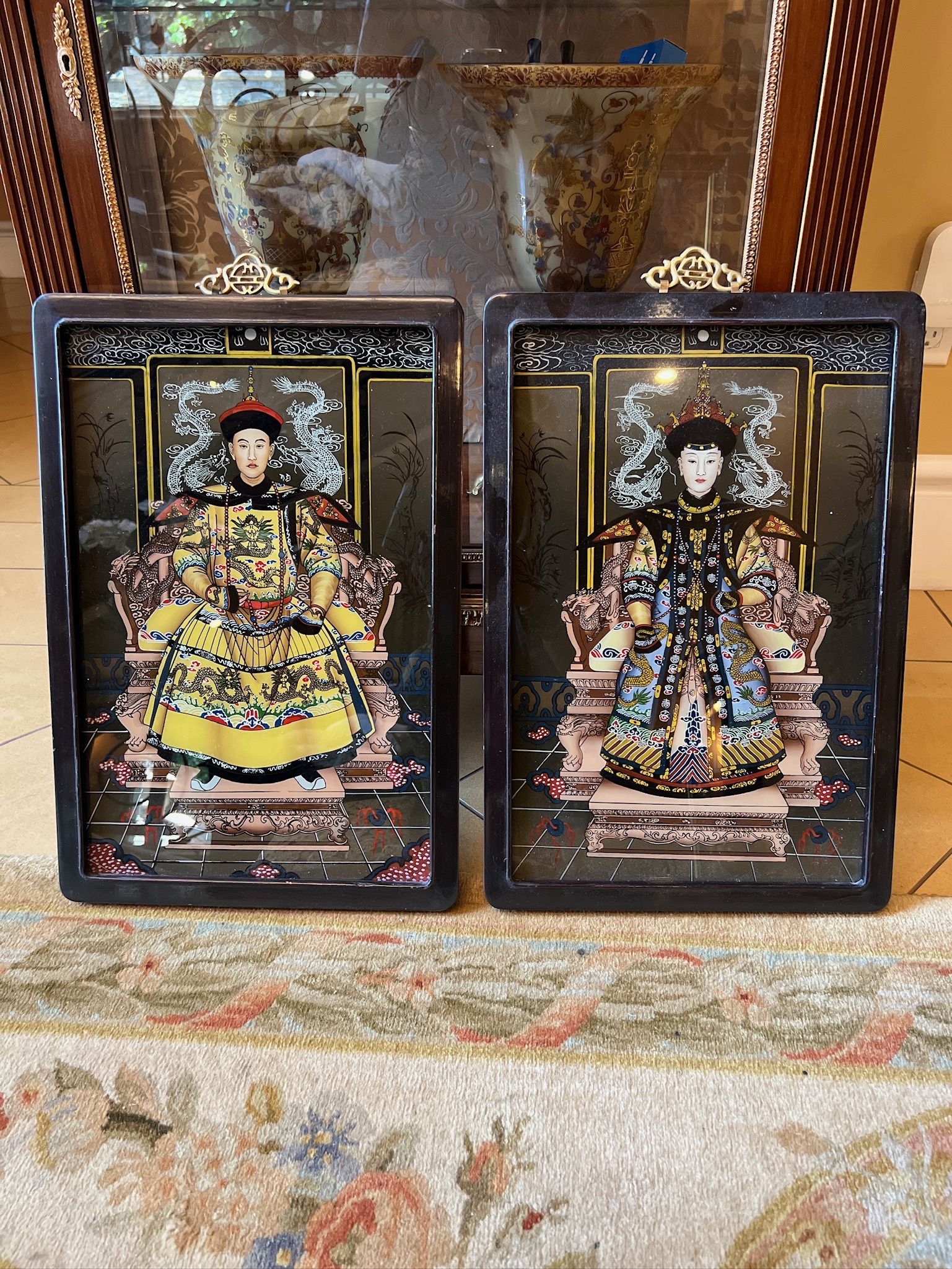 Vintage 1980’s Pair of Chinese Paintings Glass Emperor and Empress Art