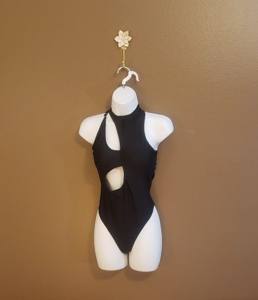 Women's Black Asymmetrical Swimsuit with Sexy Cut Outs - Size Large - Adjustable