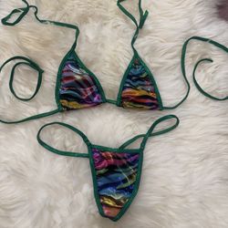 New small rainbow zebra metallic bikini y2k festival rave outfit raver dancewear   
