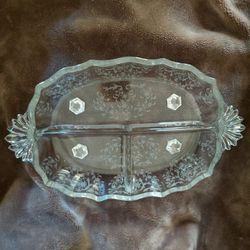 Vintage Baroque Chintz Etched Divided Footed Relish Dish Made in 1940's/1950's By Fosteria Glass Company