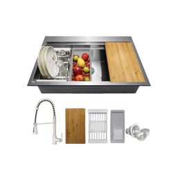 All-in-One Topmount Stainless Steel 33 in. x 22 in. Single Bowl Kitchen Sink w/ Spring Neck Faucet, Accessory