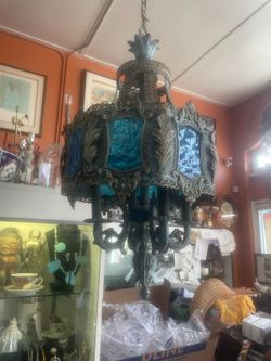 Antique blue stained glass chandelier swag glass lamp