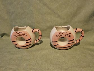 Donuts Shaped Ceramic Mugs Set of 2 Pink Brown White Pink Painted- Cute & Fun