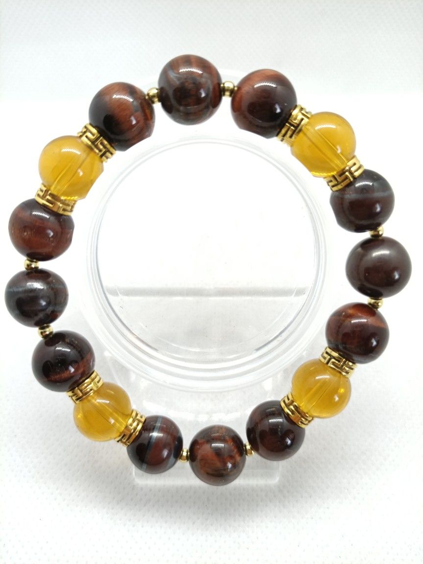 Bead Bracelet, Amber Quartz And Red Tiger Eye, 7.5 In
