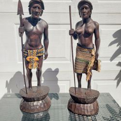 African Wood Carved Sculpture Statues - 27 Inch Tall