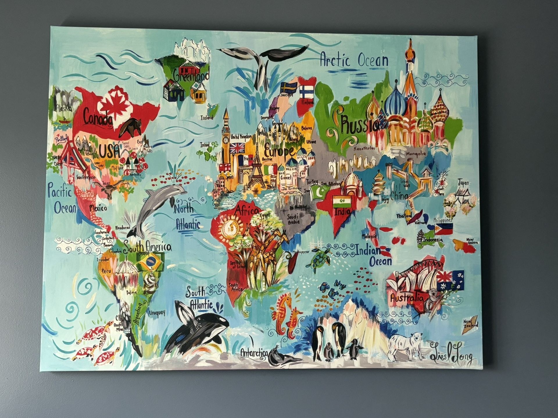 World Map canvas, art 36” X 46” By Liesl Long
