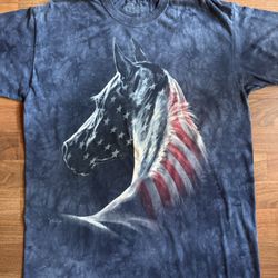 The Mountain T-shirt Top XL Blue Tye Dye Horse Flag American Y2K 2012 Patriotic