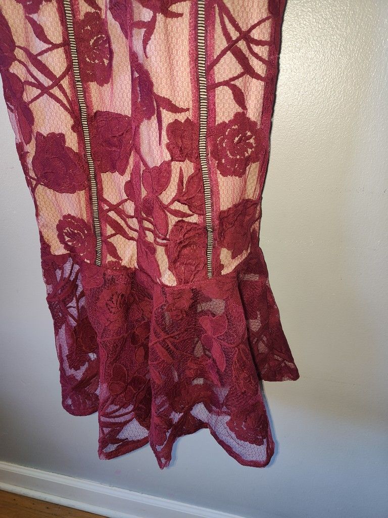 alluring dream burgundy floral mesh lace trumpet midi dress Girl In Mind Elodie Floral Embroidered Plum Midi Dress – Love My Apparel main image 1