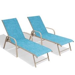 New Set of 2 Brown Metal Frame Stationary Chaise Lounge Chair with Blue Mesh Seat