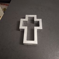Hand Crafted Wooden Open Cross Painted Silver Which Gives It A Metal Look 7" X 4.75"