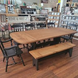 Beautiful Solid Wood Trestle Table, 2 Leaves, Bench, 6 Chairs